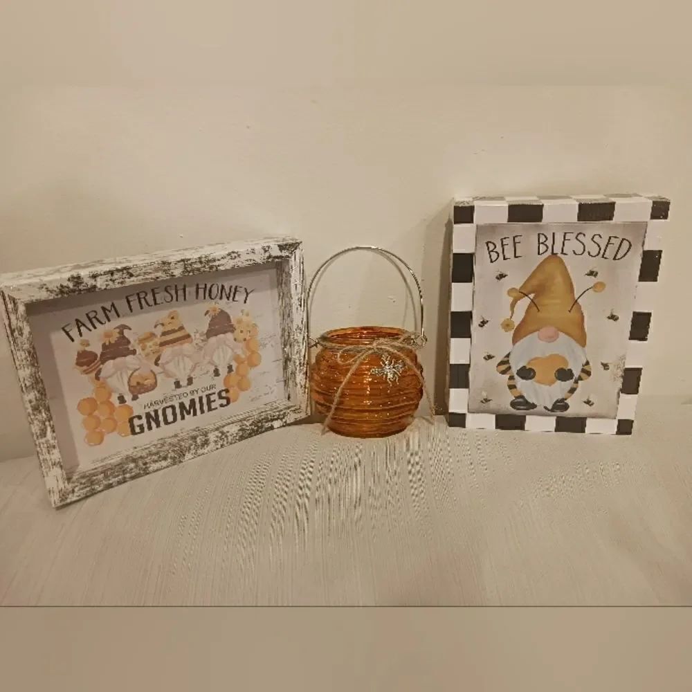 3 for 26 - Brand NWT 3 Piece Gnome & Bee Themed Home Decor Signs Bee Blessed